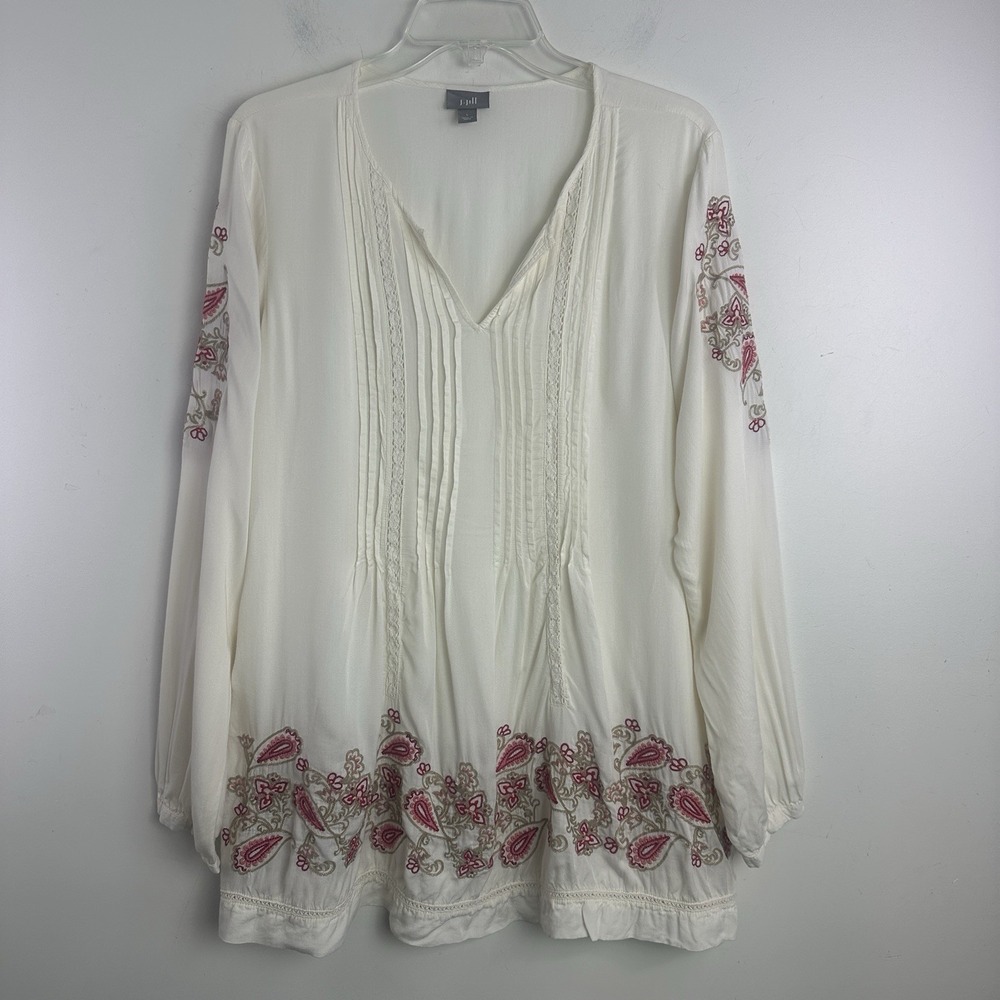 J Jill Peasant Top Women Size Large Floral Embroidery Split‎ Neck Pop Over Boho
